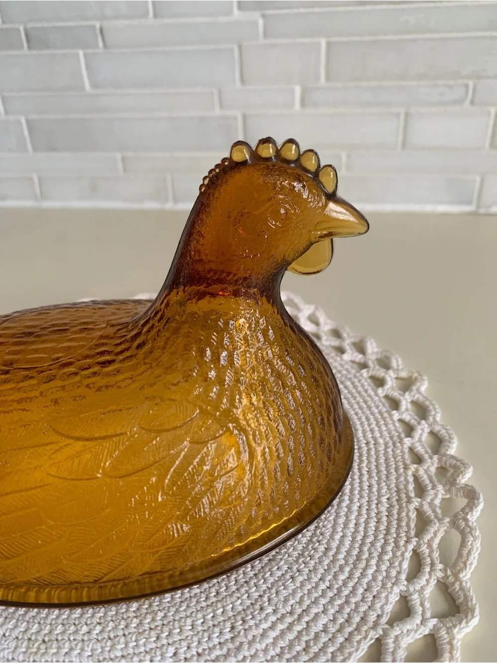 Vintage Indiana Glass Amber Hen on Nest 7” Beaded Rim Covered Dish